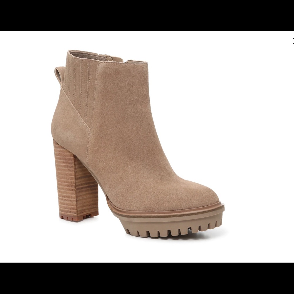 Vince Camuto Taupe Suede Lug-Soled Block Heel Ankle Boot